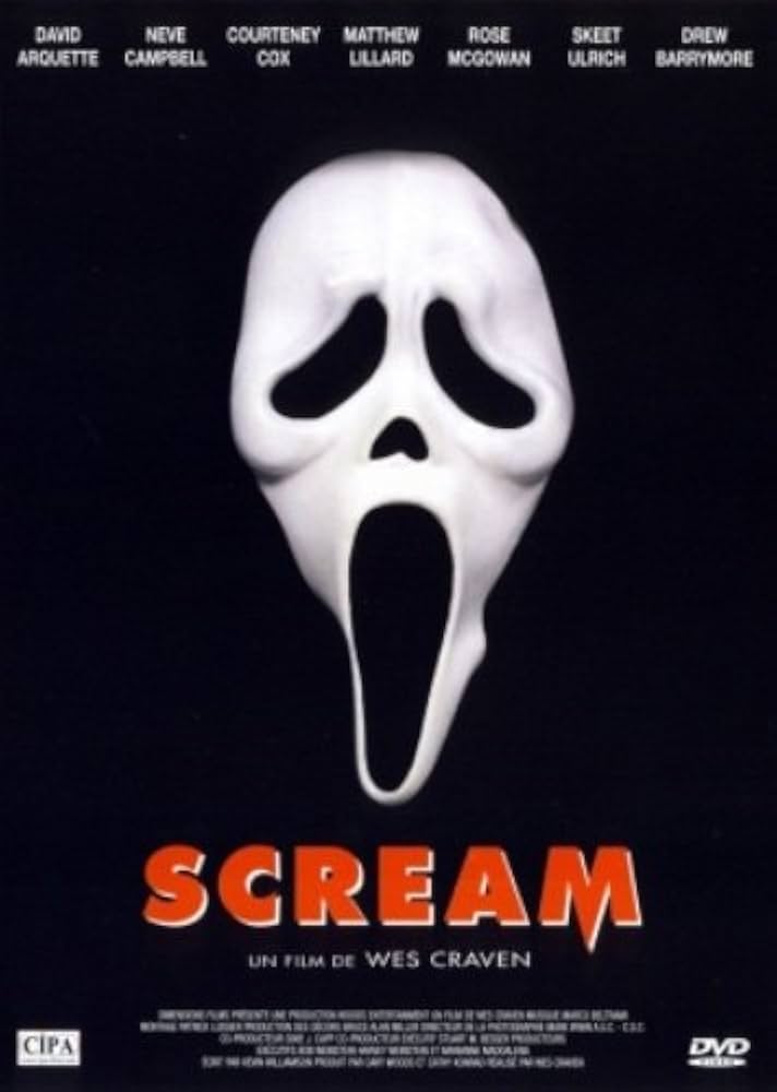 Affiche du film Scream dont le masque est inspiré du tableau d'Edvard Munch, Le cri.