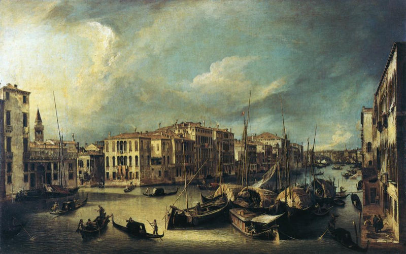 Peinture sur toile, reproduction de Canaletto, Grand Canal regardant vers le nord-est depuis le coin du palais Spinelli jusqu'au pont du Rialto qualité musée
