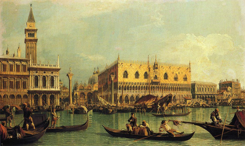 Peinture sur toile, reproduction de Canaletto, Piazzeta et le palais des Doges depuis le bassin Saint Marc qualité musée