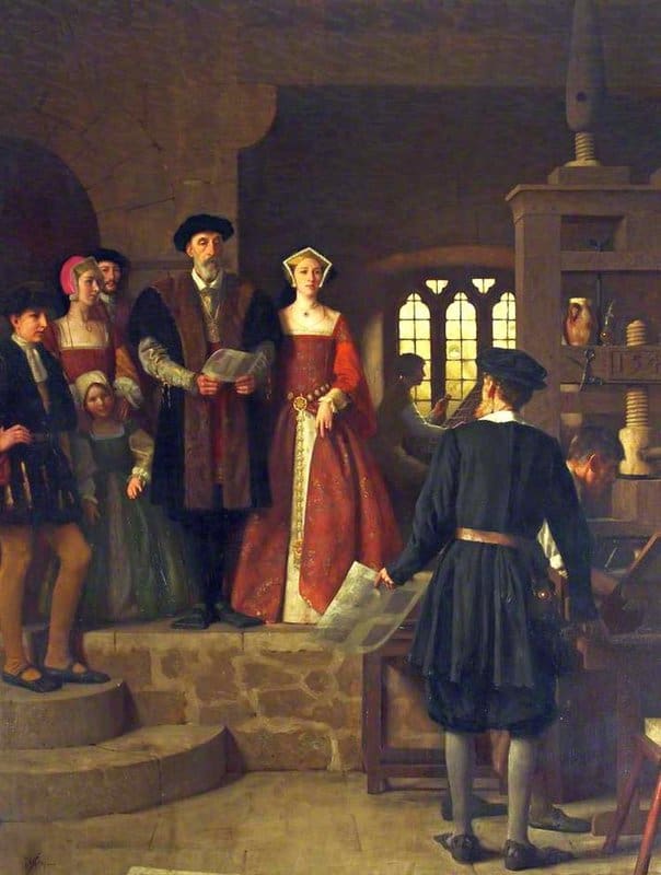 Peinture sur toile, reproduction de Gotch Thomas Cooper The Setting-up Of The First Printing Press In Bristol 1546 In The Castle Precincts Ca. 1917-18 qualité musée