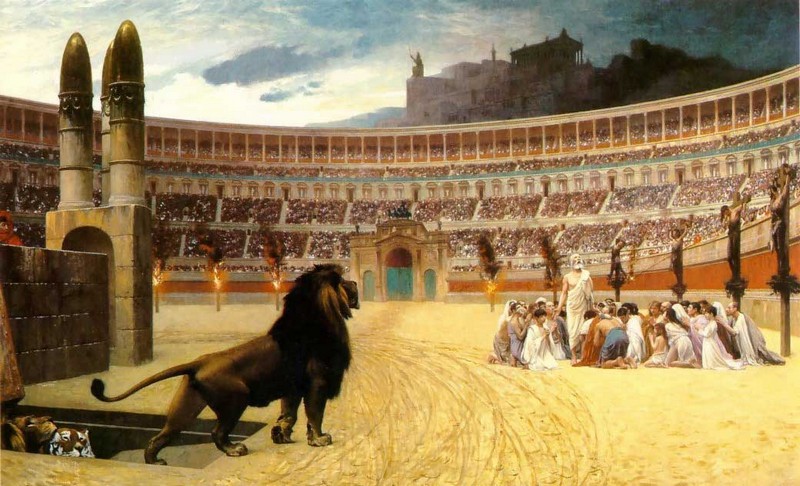 Peinture sur toile, reproduction de JL Gérome, La dernière prière des martyres Chrétiens qualité musée
