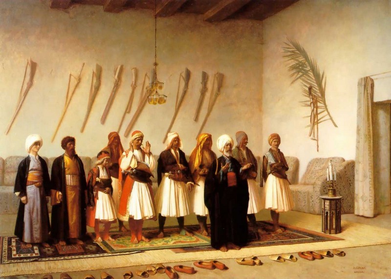 Peinture sur toile, reproduction de JL Gérome, Prière dans la maison d'un chef Arnaut qualité musée