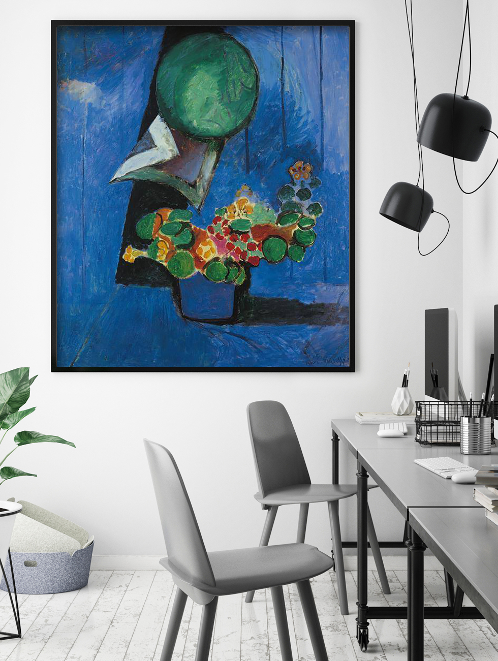 Peinture sur toile, reproduction de Henri Matisse, Fleurs et plat en céramique, 1913 qualité musée en situation