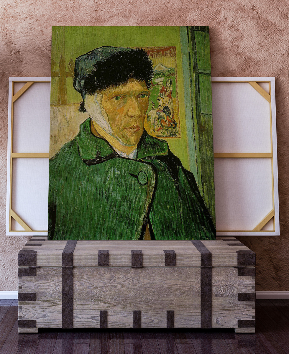 Peinture sur toile, reproduction de Vincent van Gogh, Autoportrait à l'oreille bandée qualité musée en situation