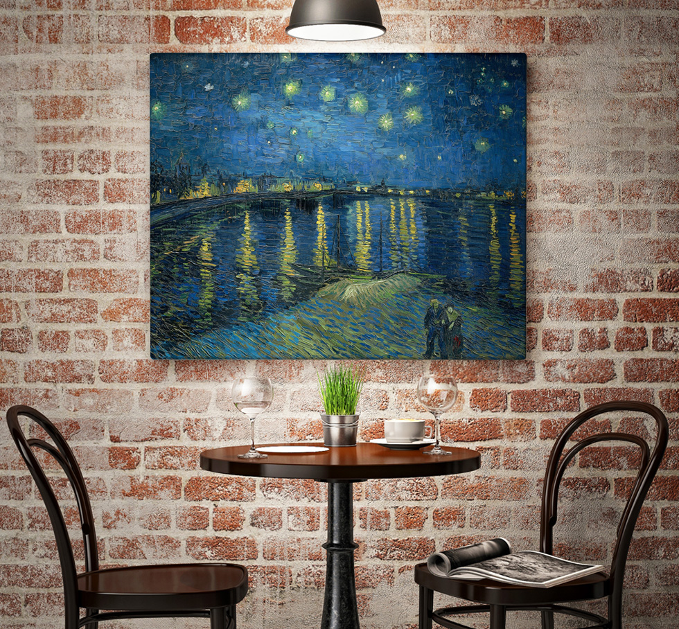 Peinture sur toile, reproduction de Vincent van Gogh, Nuit étoilée sur le Rhone qualité musée en situation