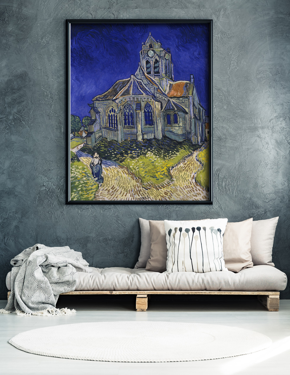 Peinture sur toile, reproduction de Vincent van Gogh, L'Église d'Auvers-sur-Oise qualité musée en situation