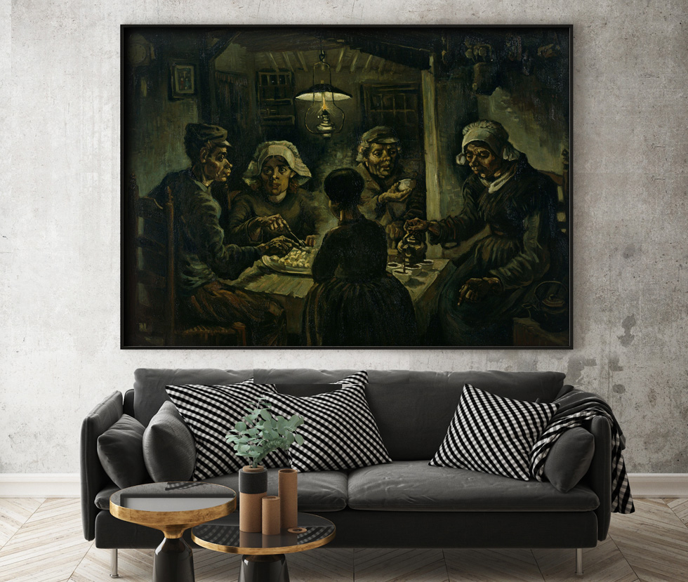 Peinture sur toile, reproduction de Vincent van Gogh, Les mangeurs de pommes de terre qualité musée en situation