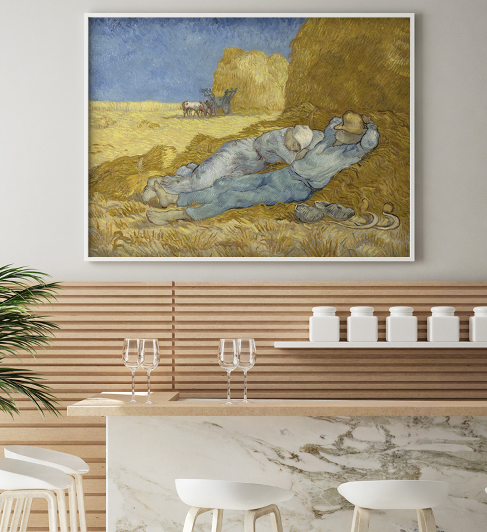 Peinture sur toile, reproduction de Vincent van Gogh, La sieste - d'après Millet qualité musée en situation