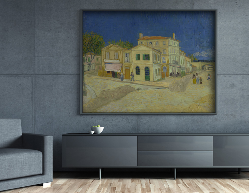 Peinture sur toile, reproduction de Vincent van Gogh, La maison jaune qualité musée en situation