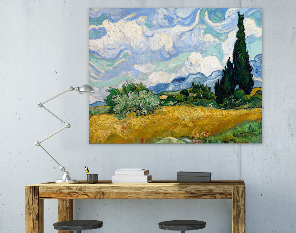 Peinture sur toile, reproduction de Vincent van Gogh, Champ de blé avec cyprès qualité musée en situation