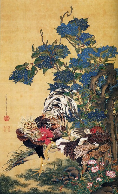 Peinture sur toile, reproduction de Ito Jakuchu Rooster And Hen With Hydrangeas qualité musée