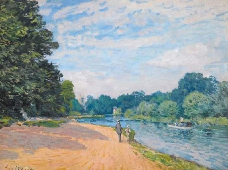 Peinture sur toile, reproduction de Alfred Sisley, The Thames with Hampton Church, 1874 qualité musée