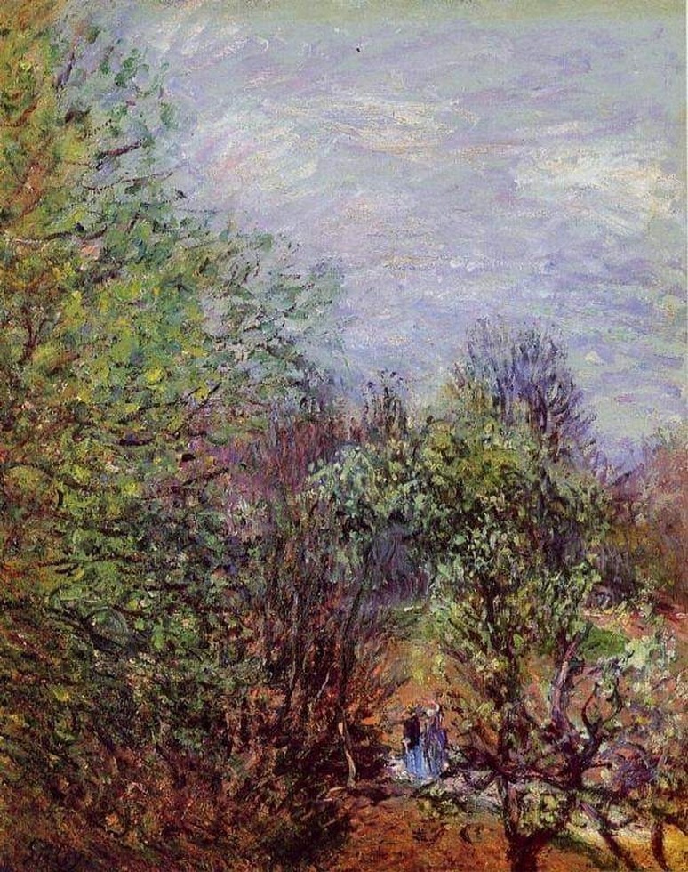 Peinture sur toile, reproduction de Alfred Sisley, Two Women Walking Along The Riverbank, 1885 qualité musée
