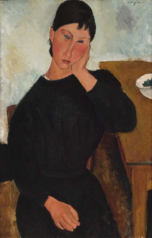 Peinture sur toile, reproduction de Amedeo Modigliani, Elvire assise, accoudée à une table qualité musée