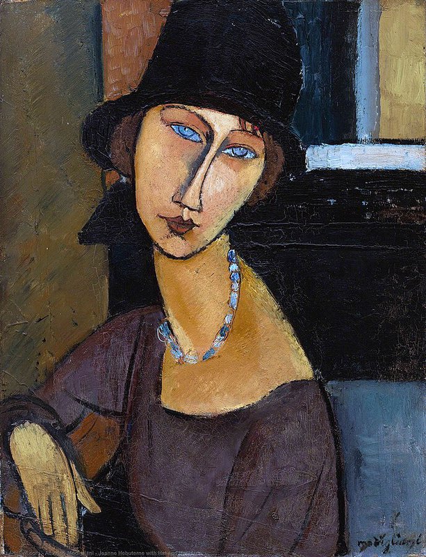 Peinture sur toile, reproduction de Amedeo Modigliani, Jeanne Hébuterne au Chapeau et collier qualité musée