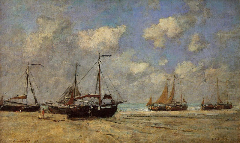Peinture sur toile, reproduction de Boudin, Scheveningen, bateaux échoués sur la rive - 1875 qualité musée