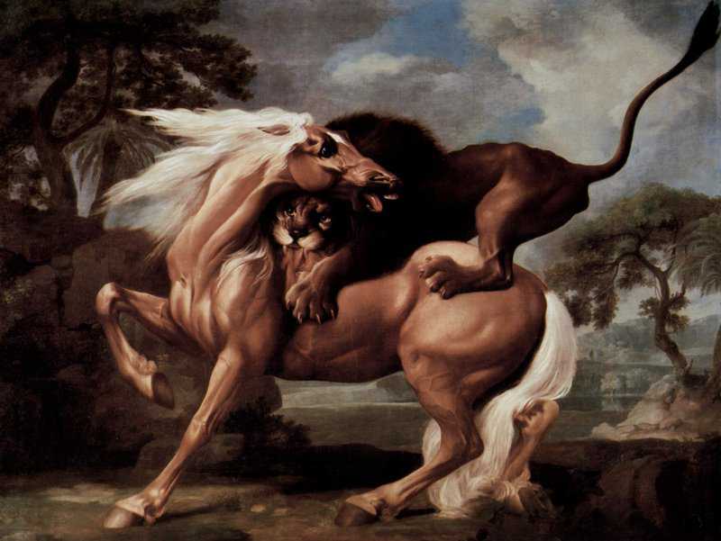 Peinture sur toile, reproduction de Cheval attaqué par un lion par George Stubbs qualité musée
