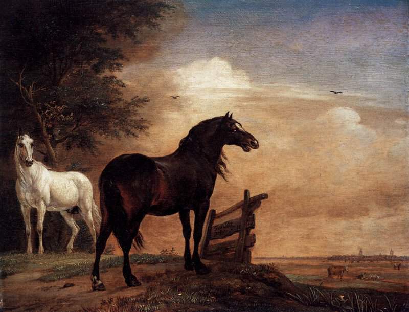 Peinture sur toile, reproduction de Chevaux Dans Un Pré Par Paulus Potter qualité musée