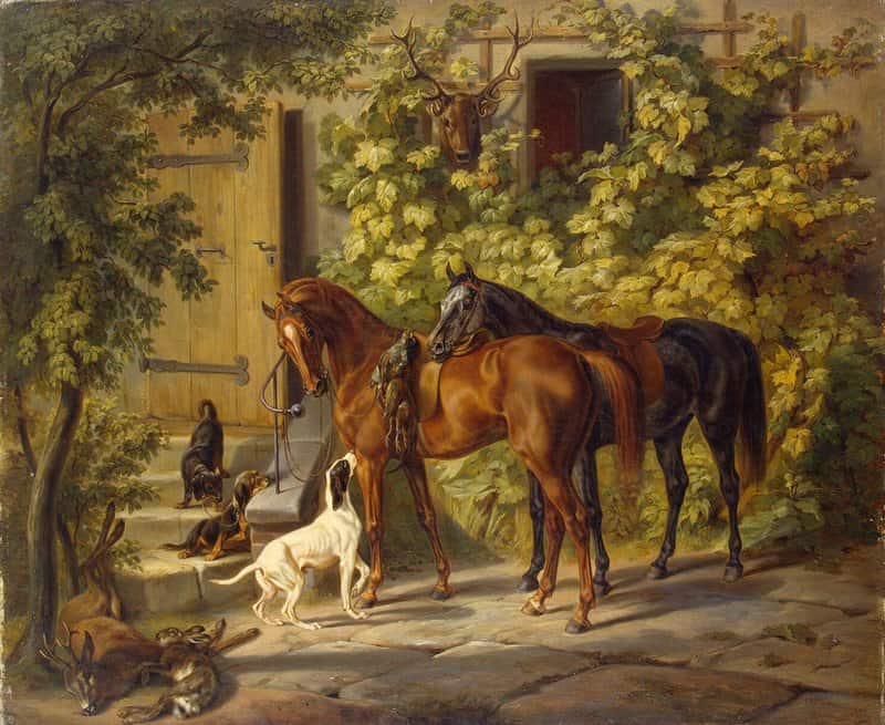 Peinture sur toile, reproduction de Chevaux Sous Le Porche Apr Albrecht Adam qualité musée