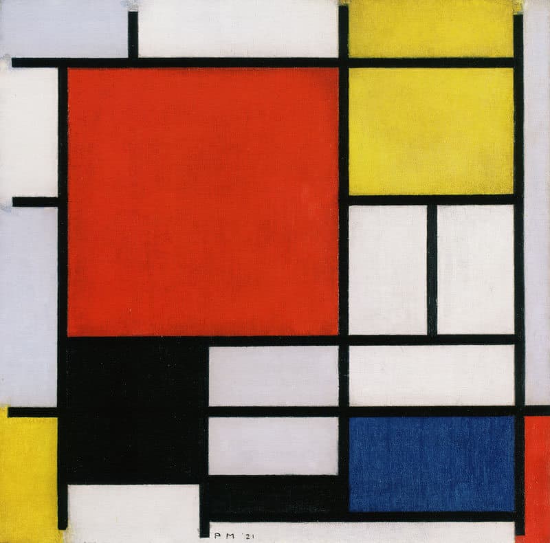 Peinture sur toile, reproduction de Composition Avec Grand Champ Bleu Rouge Noir Jaune Et Gris De Mondrian qualité musée