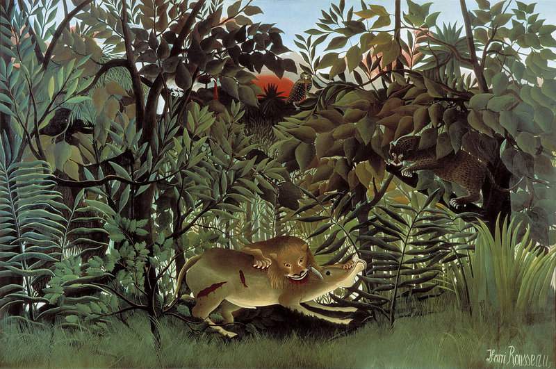 Peinture sur toile, reproduction de Douanier Rousseau The Hungry Lion Throws Himself On The Antilop qualité musée