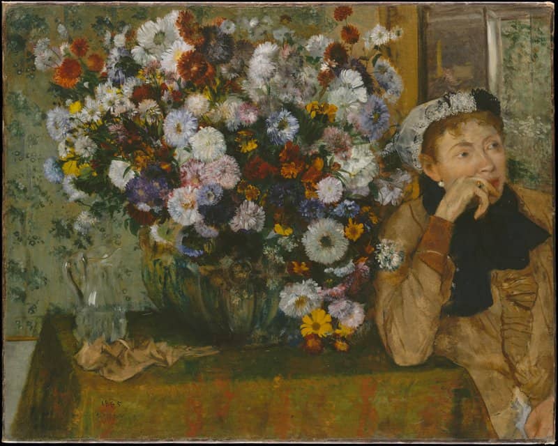 Peinture sur toile, reproduction de Edgar Degas A Woman Seated Beside A Vase Of Flowers qualité musée