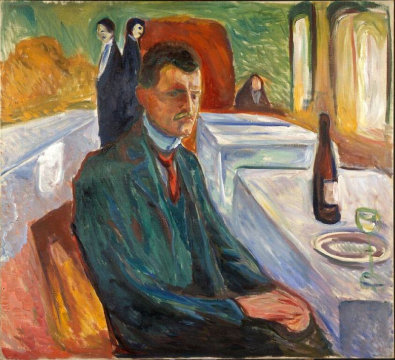 Peinture sur toile, reproduction de Edvard Munch Self-portrait With A Bottle Of Wine 1906 qualité musée