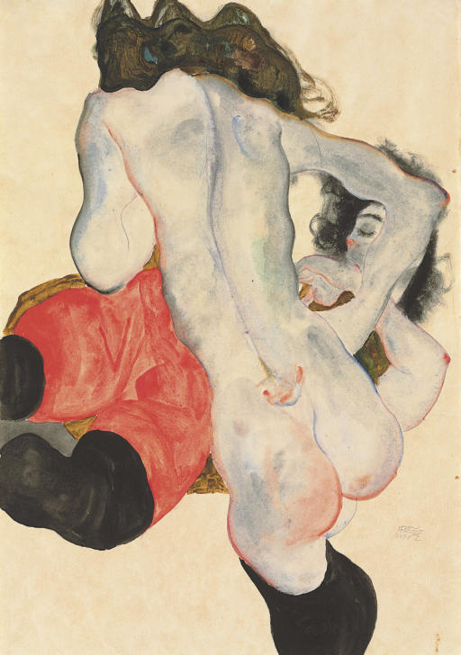 Peinture sur toile, reproduction de Egon Schiele Lying Woman With Red Pants And Standing Female Nude 1912 qualité musée