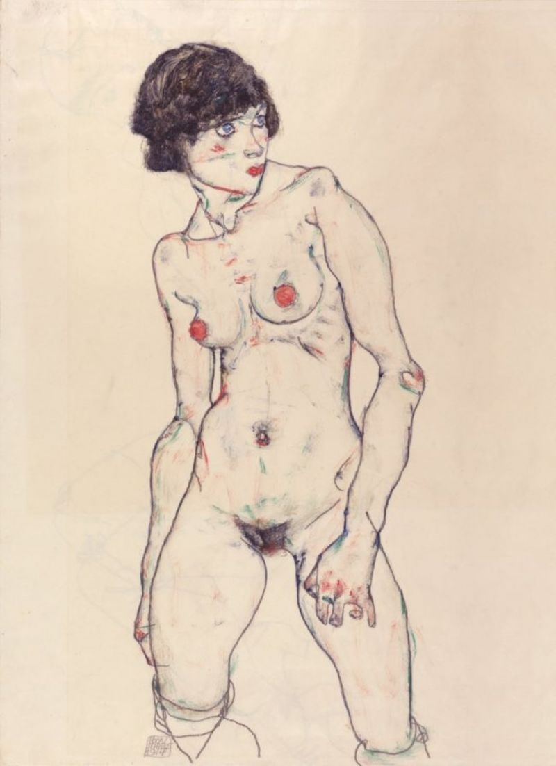 Peinture sur toile, reproduction de Egon Schiele Nu Debout Aux Bas - Naked Girl Upright With Stockings - 1912 qualité musée