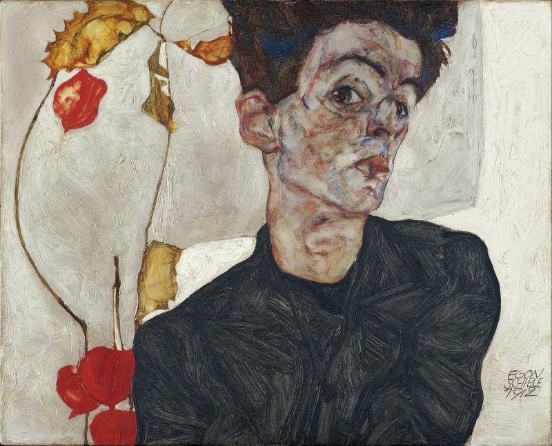Peinture sur toile, reproduction de Egon Schiele Self-portrait With Chinese Lantern Plants qualité musée