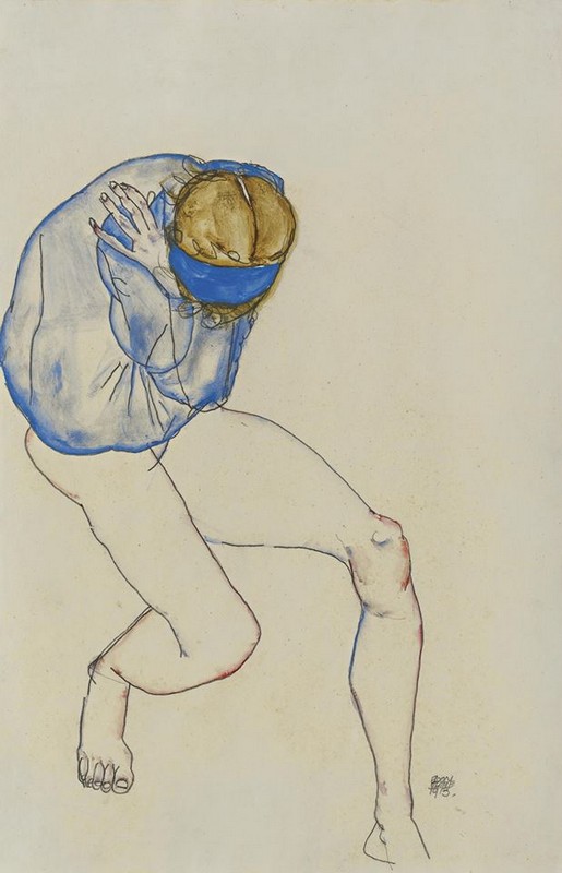Peinture sur toile, reproduction de Egon Schiele, Semi-nude blond girl with blue shirt and blue headband, 1913 qualité musée