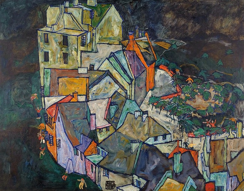 Peinture sur toile, reproduction de Egon Schiele, Stadtende - Krumau Häuserbogen, 1917-18 qualité musée