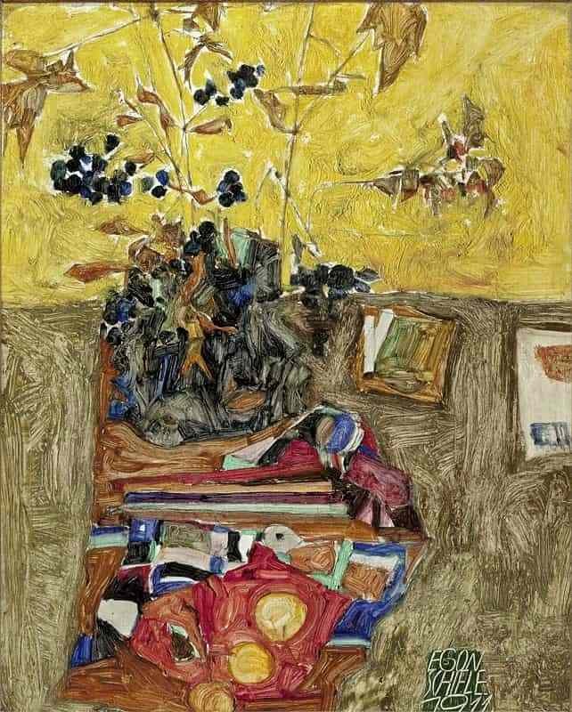 Peinture sur toile, reproduction de Egon Schiele, Still Life with Flowers and Colored Cloths, 1911 qualité musée