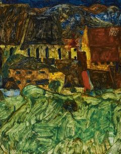 Egon Schiele Wiese, Kirche Und Häuser (meadow, church, and houses), 1912