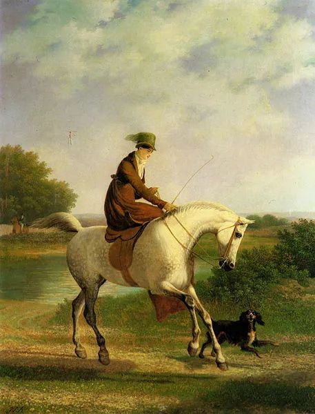 Peinture sur toile, reproduction de Emma Powles sur son hunter gris accompagné par son épagnol dans un paysage de rivière par Jacques-Laurent Agasse qualité musée