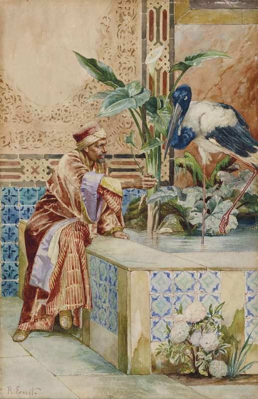 Peinture sur toile, reproduction de Ernst Rudolf Fountain With Man And Stork qualité musée