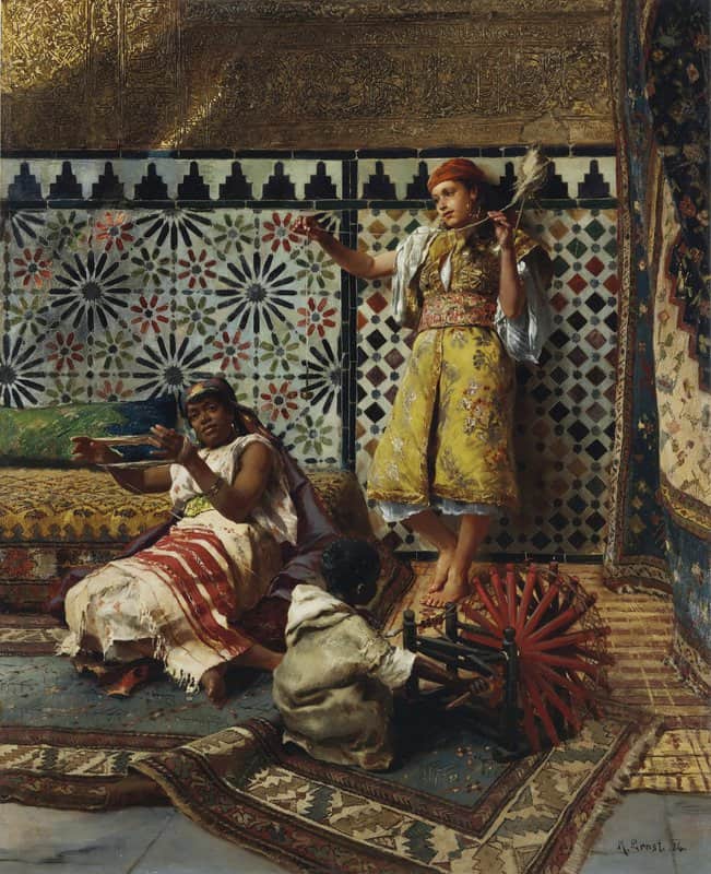 Peinture sur toile, reproduction de Ernst Rudolf Spinning Yarn In The Harem 1886 qualité musée