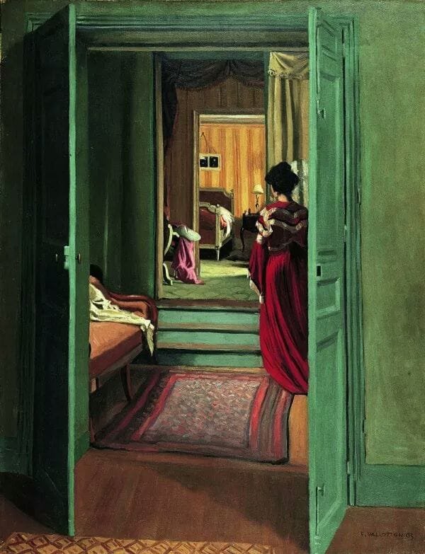 Peinture sur toile, reproduction de Felix Valloton Interior With Woman In Red Seen From Behind 1903 qualité musée