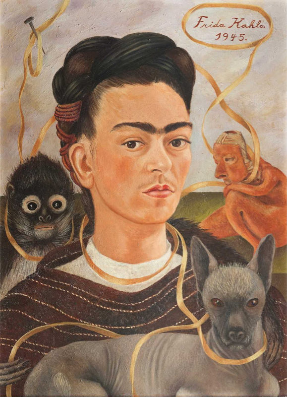 Peinture sur toile, reproduction de Frida Kahlo, Auportrait Avec Un Petit Singe qualité musée