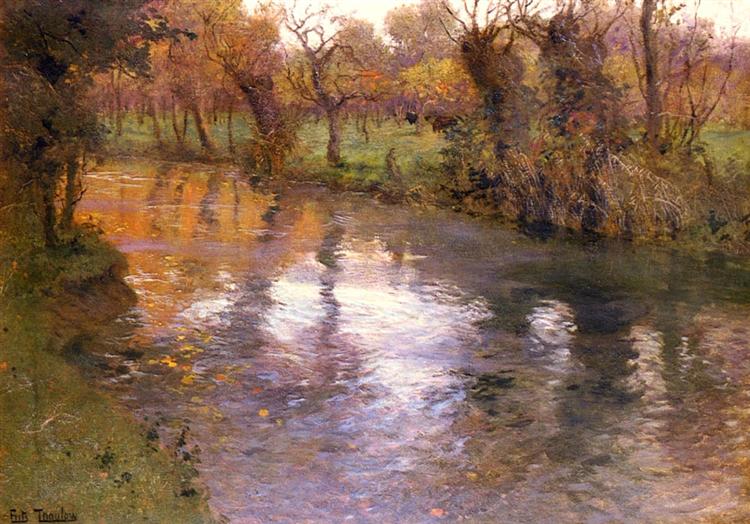 Peinture sur toile, reproduction de Frits Thaulow An Orchard On The Banks Of A River qualité musée