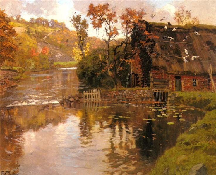 Peinture sur toile, reproduction de Frits Thaulow Cottage By A Stream qualité musée