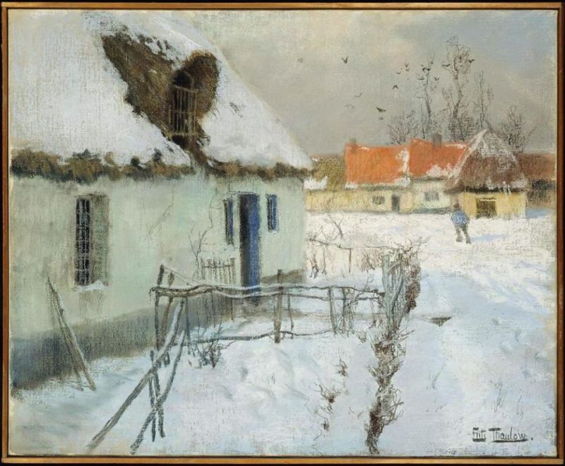 Peinture sur toile, reproduction de Frits Thaulow Cottage In The Snow - 1891 qualité musée