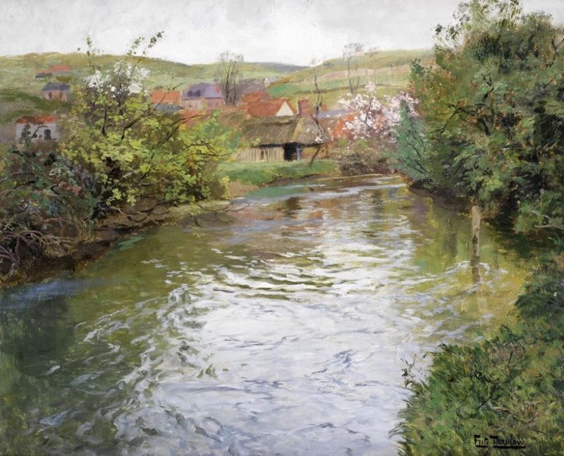Peinture sur toile, reproduction de Frits Thaulow Farmhouses On The Banks Of A Stream qualité musée