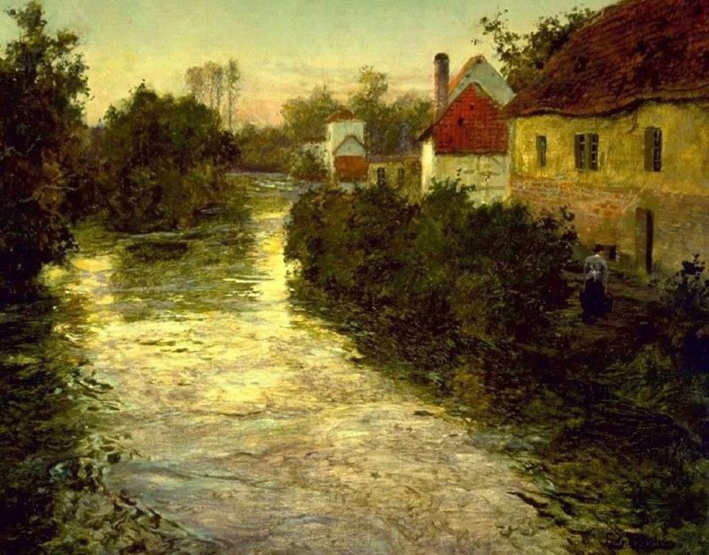 Peinture sur toile, reproduction de Frits Thaulow Village On The Bank Of A Stream qualité musée