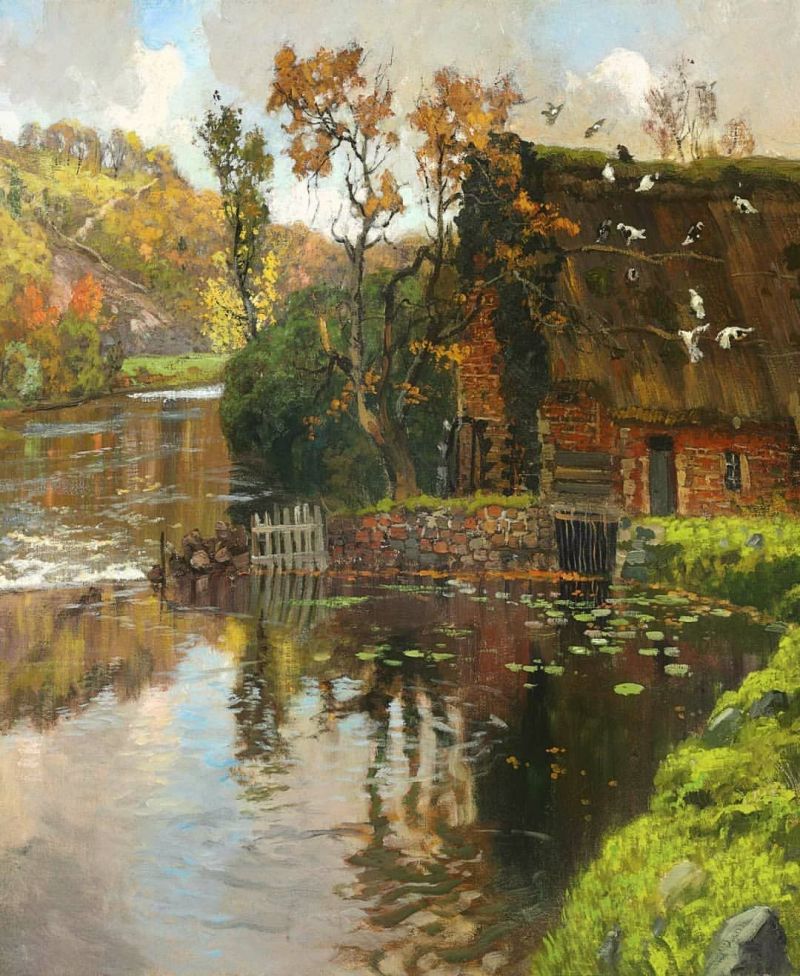 Peinture sur toile, reproduction de Fritz Thaulow Cottage By A Stream - 1901 qualité musée