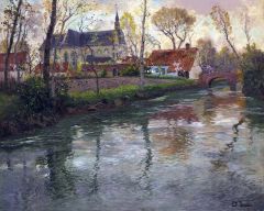 Fritz Thaulow River Landscape With A Church Beyond
