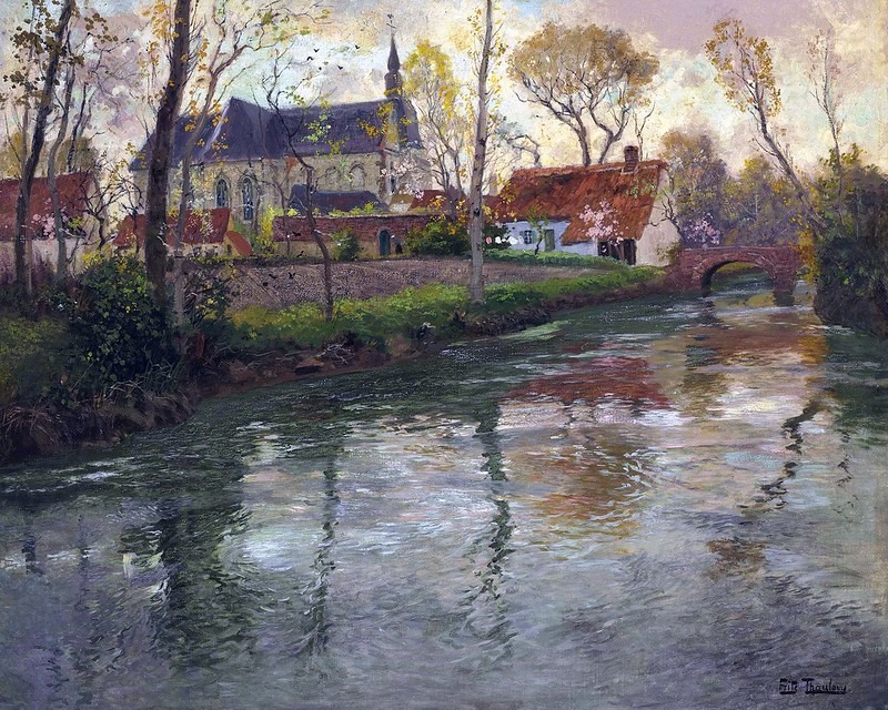 Peinture sur toile, reproduction de Fritz Thaulow River Landscape With A Church Beyond qualité musée