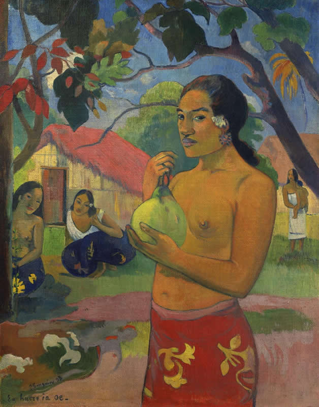 Peinture sur toile, reproduction de Gauguin, La femme au fruit. Eu haere ia oe - Où vas-tu ? qualité musée