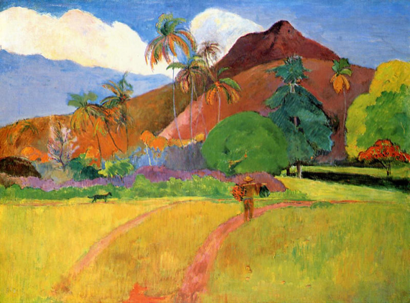 Peinture sur toile, reproduction de Gauguin, Montagnes à Tahiti qualité musée