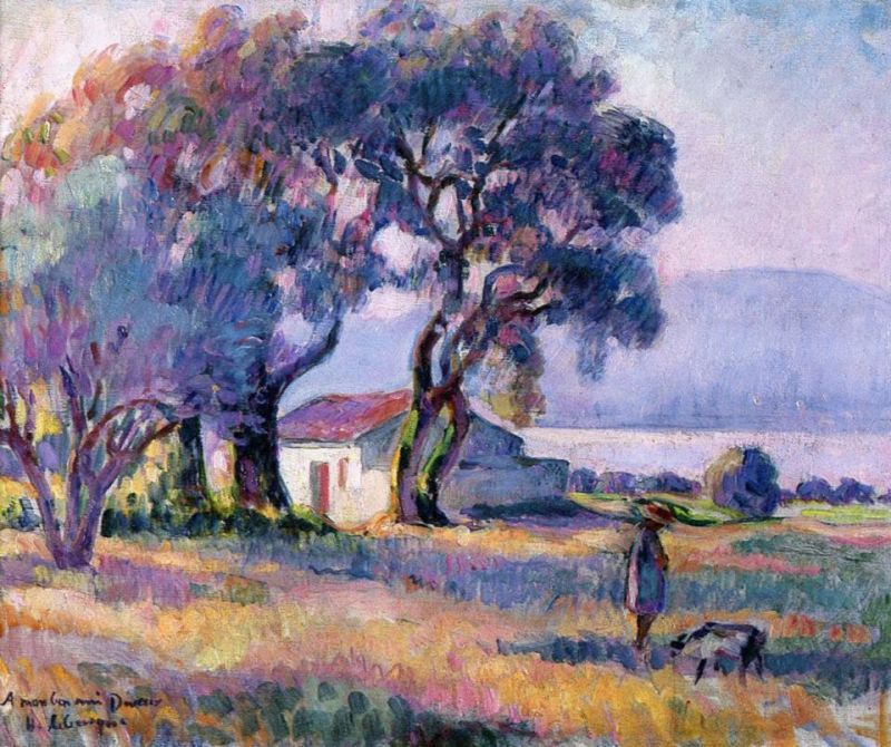 Peinture sur toile, reproduction de Henri Lebasque A Girl By The Lake - Landscape With Freight Train qualité musée